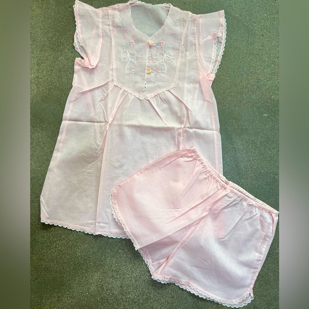 Vintage Pink Pajamas Embroidered Two Piece Lingerie Set Shorts Ruffle Top